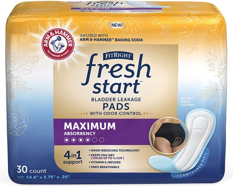 FreshStart FitRight Postpartum and Incontinence Pads for Women, Maximum Absorbency (30 Count) Bladder Leakage Pads with The Odor-Control Power of ARM & Hammer (30 Count, Pack of 1) - Image 1